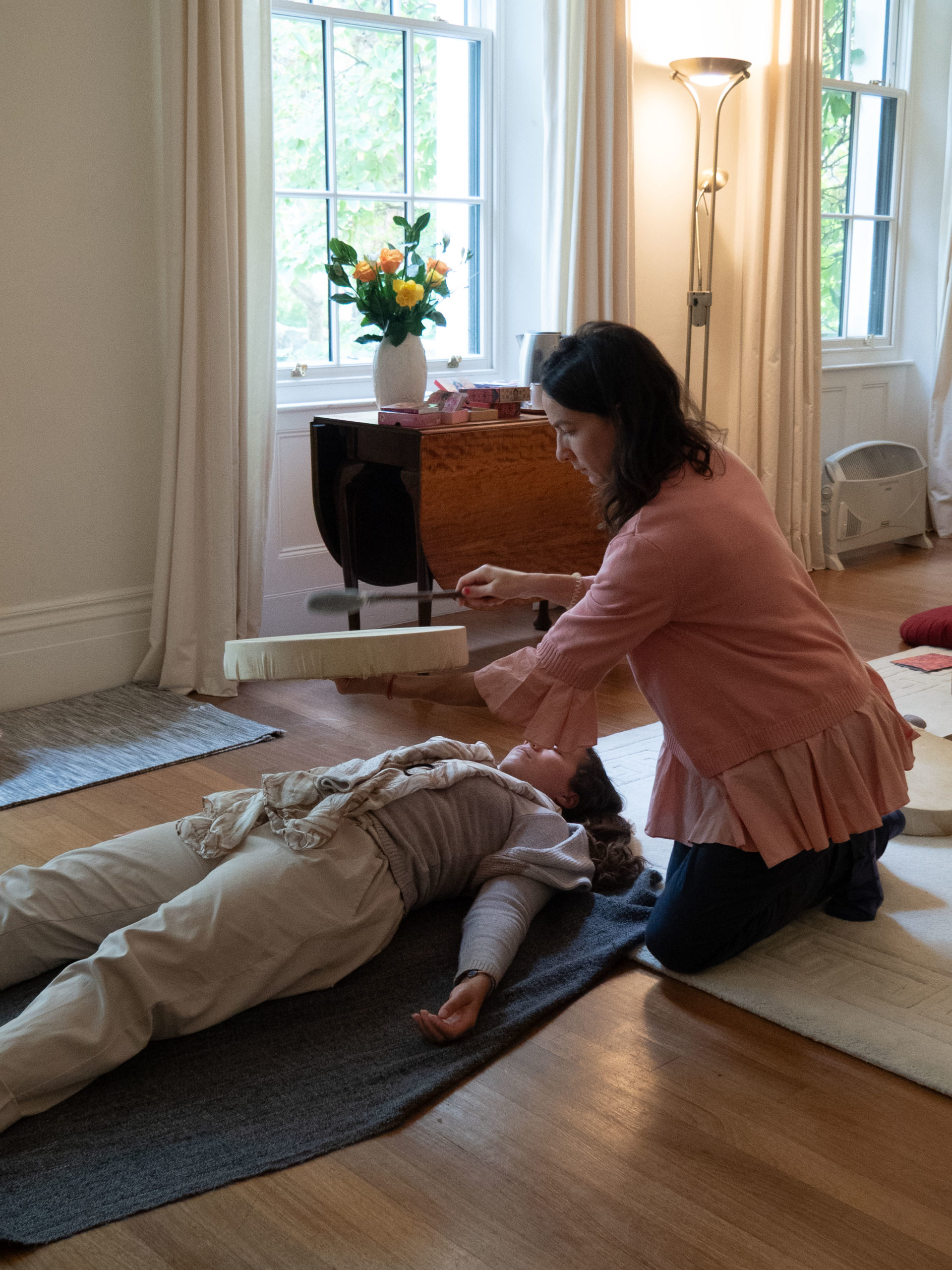 Amelie Thevenet drumming at the School of Meditation in London